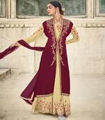 Cream Embroidered With Stone Georgette Semi-Stitched Women's Salwar Suit