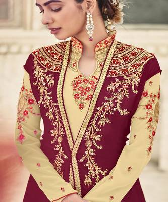 Cream Embroidered With Stone Georgette Semi-Stitched Women's Salwar Suit 2