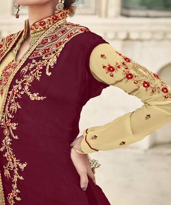 Cream Embroidered With Stone Georgette Semi-Stitched Women's Salwar Suit 3