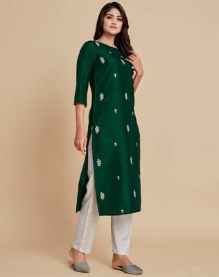 Dark-green embroidered viscose rayon ethnic-kurtis 3