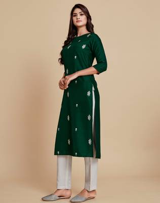 Dark-green embroidered viscose rayon ethnic-kurtis 4