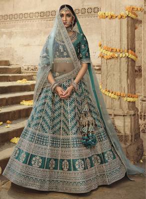 Teal embroidered silk semi stitched lehenga 1