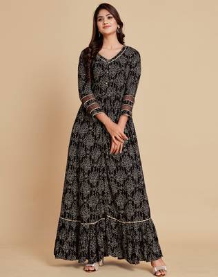 Black printed viscose rayon maxi-dresses 1