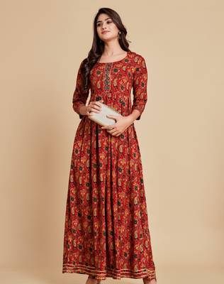 Red printed viscose rayon maxi-dresses 5
