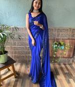 Blue embroidered faux georgette saree with blouse
