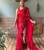 Red embroidered faux georgette saree with blouse