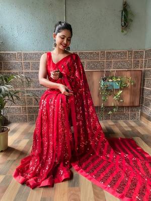 Red embroidered faux georgette saree with blouse 2