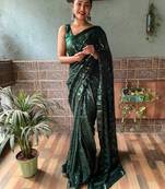 Dark green embroidered faux georgette saree with blouse