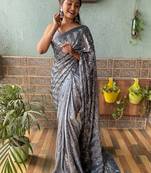 Grey embroidered faux georgette saree with blouse