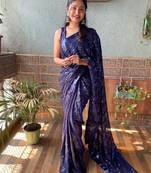 Navy blue embroidered faux georgette saree with blouse