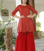 Women's Rayon Printed Designer Short Kurti & Sharara Set