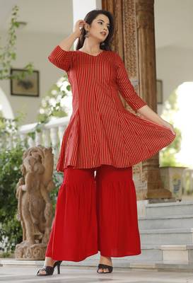 Women's Rayon Printed Designer Short Kurti & Sharara Set 2