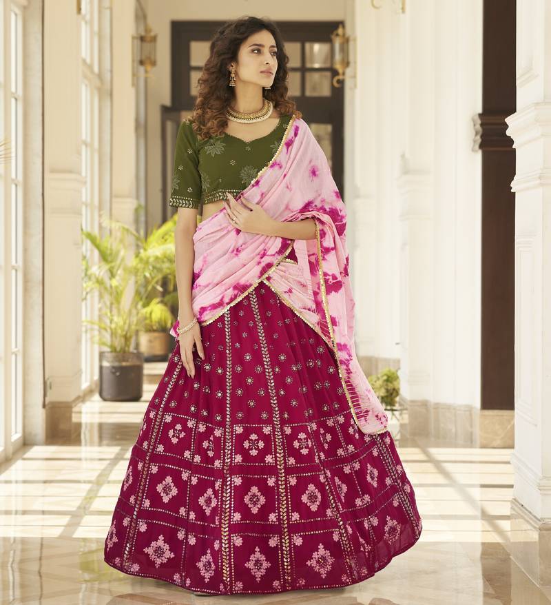 Agreeable Deep Pink Thread And Sequins Embroidered Georgette Semi Stitched Lehenga