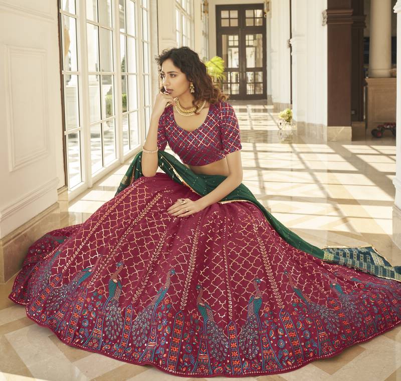Dreamy Deep Pink Thread And Sequins Embroidered Georgette Semi Stitched Lehenga