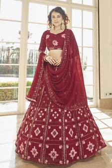 Bewitching Red Thread And Sequins Embroidered Georgette Semi Stitched Lehenga