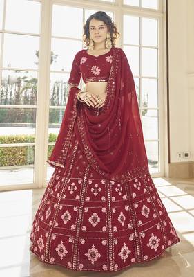 Bewitching Red Thread And Sequins Embroidered Georgette Semi Stitched Lehenga 1