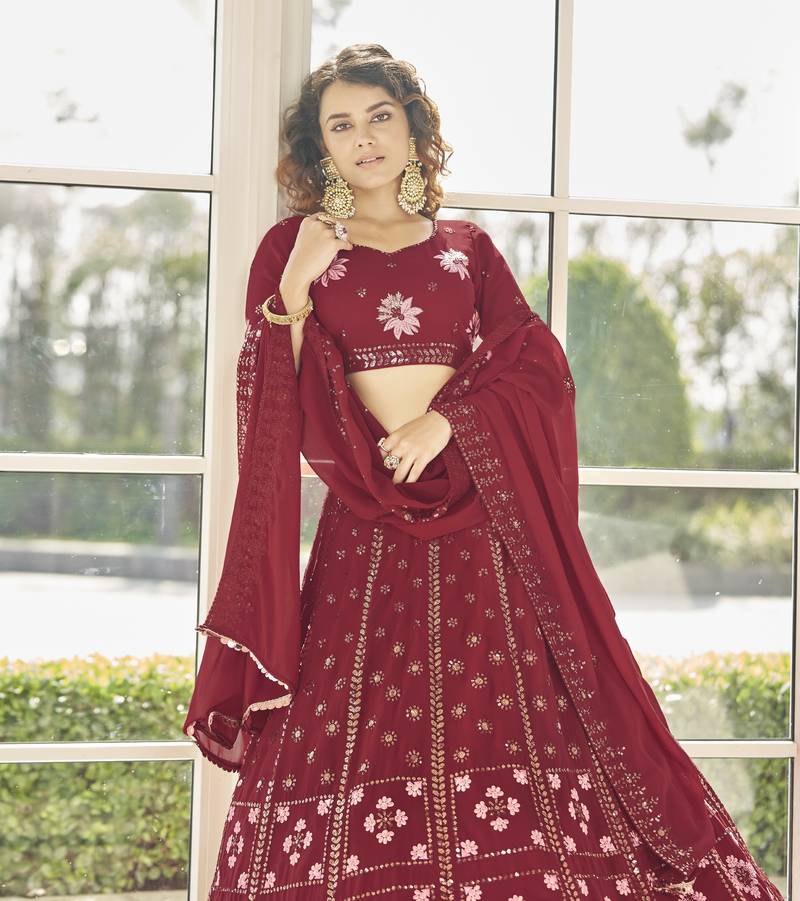 Bewitching Red Thread And Sequins Embroidered Georgette Semi Stitched Lehenga