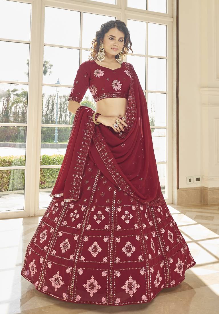 Bewitching Red Thread And Sequins Embroidered Georgette Semi Stitched Lehenga