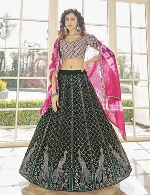 Delightful Green Thread And Sequins Embroidered Georgette Semi Stitched Lehenga 1