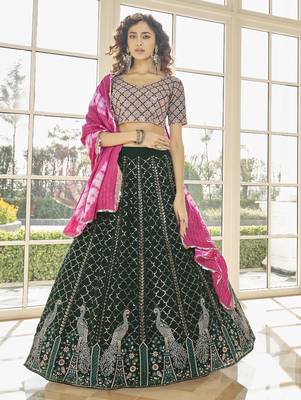 Delightful Green Thread And Sequins Embroidered Georgette Semi Stitched Lehenga 3