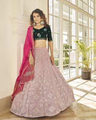 Pleasant Dusty Pink Thread And Sequins Embroidered Georgette Semi Stitched Lehenga 1