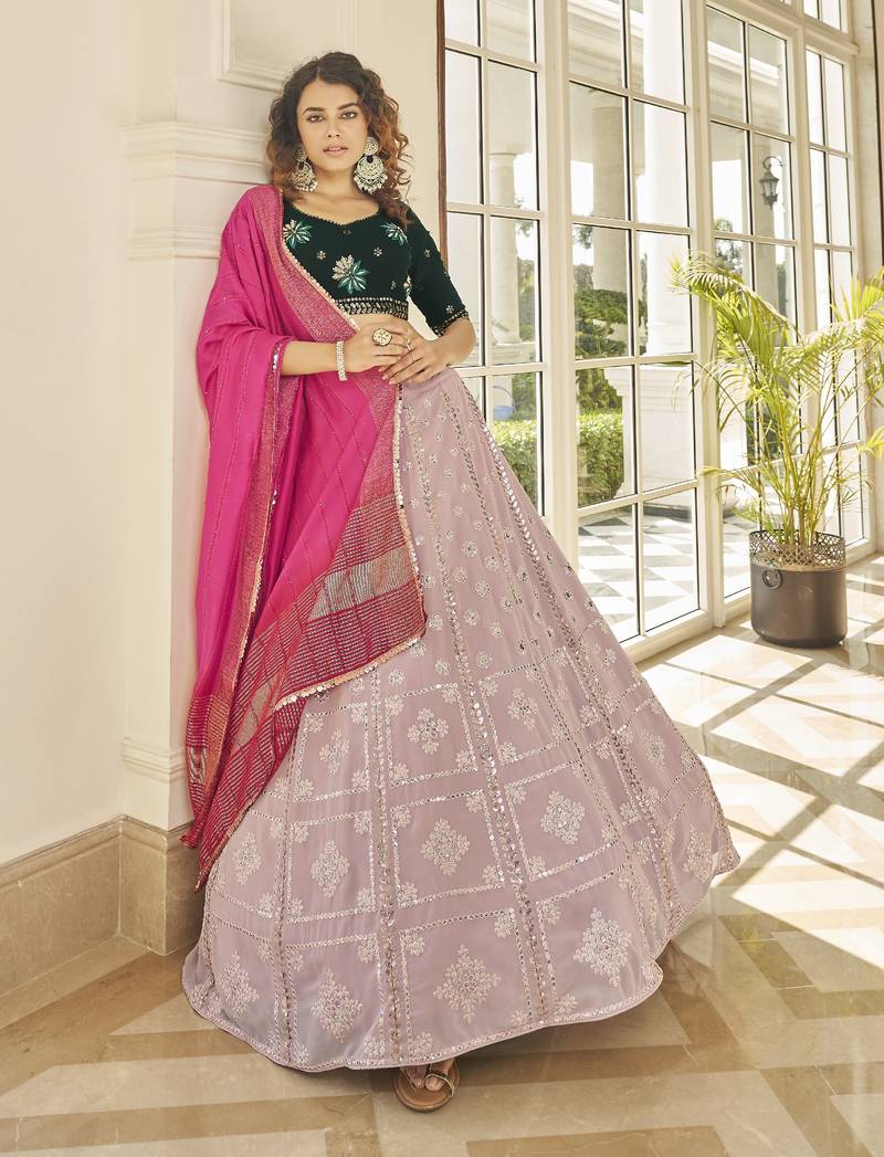 Pleasant Dusty Pink Thread And Sequins Embroidered Georgette Semi Stitched Lehenga