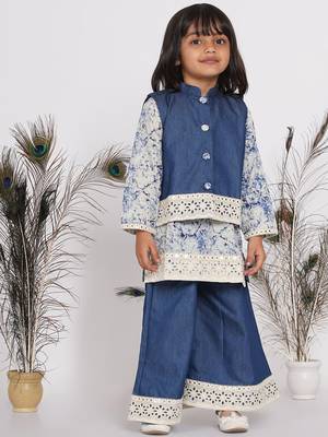 Little Bansi Denim Jacket with Patchwork and Marble Kurta with Patchwork Plazzo - Denim Blue 1