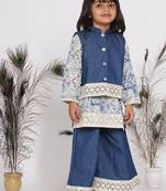 Little Bansi Denim Jacket with Patchwork and Marble Kurta with Patchwork Plazzo - Denim Blue
