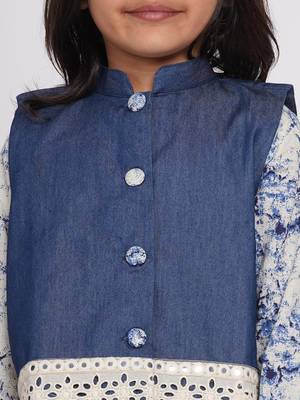 Little Bansi Denim Jacket with Patchwork and Marble Kurta with Patchwork Plazzo - Denim Blue 2