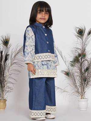 Little Bansi Denim Jacket with Patchwork and Marble Kurta with Patchwork Plazzo - Denim Blue 3