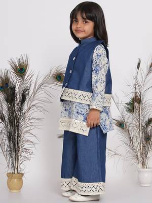 Little Bansi Denim Jacket with Patchwork and Marble Kurta with Patchwork Plazzo - Denim Blue 4