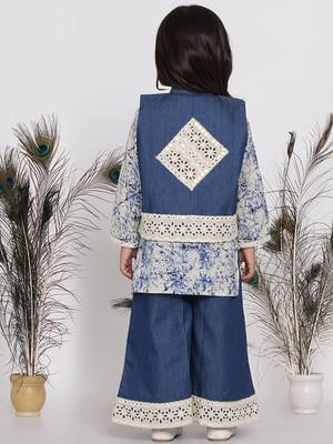 Little Bansi Denim Jacket with Patchwork and Marble Kurta with Patchwork Plazzo - Denim Blue 5