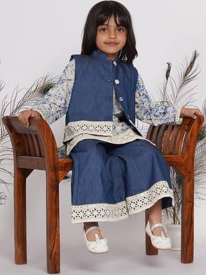 Little Bansi Denim Jacket with Patchwork and Marble Kurta with Patchwork Plazzo - Denim Blue 6
