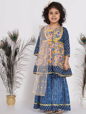 Little Bansi Floral Kurta with Indigo Floral Jacket with Sharara and Dupatta in Yellow and Blue 1