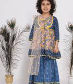 Little Bansi Floral Kurta with Indigo Floral Jacket with Sharara and Dupatta in Yellow and Blue