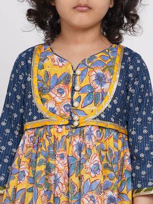 Little Bansi Floral Kurta with Indigo Floral Jacket with Sharara and Dupatta in Yellow and Blue 2