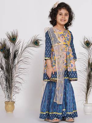 Little Bansi Floral Kurta with Indigo Floral Jacket with Sharara and Dupatta in Yellow and Blue 3
