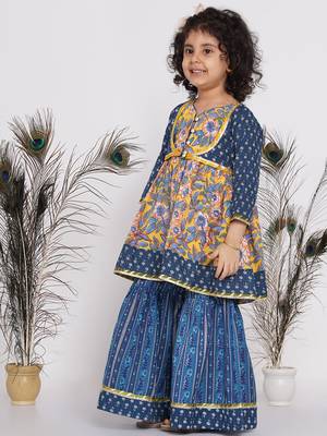 Little Bansi Floral Kurta with Indigo Floral Jacket with Sharara and Dupatta in Yellow and Blue 4