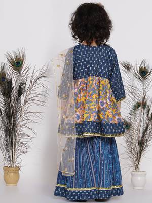 Little Bansi Floral Kurta with Indigo Floral Jacket with Sharara and Dupatta in Yellow and Blue 5