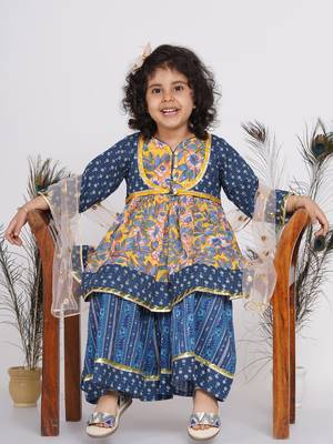 Little Bansi Floral Kurta with Indigo Floral Jacket with Sharara and Dupatta in Yellow and Blue 6