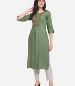Dark-green embroidered cotton cotton-kurtis