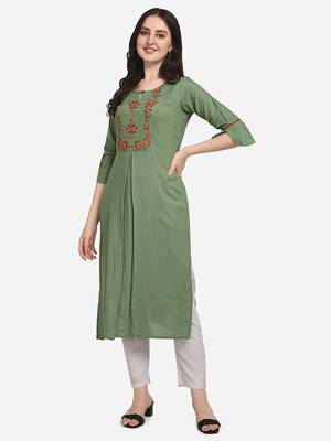 Dark-green embroidered cotton cotton-kurtis 2