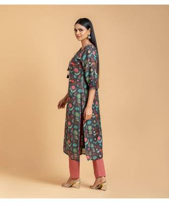 Dark-grey printed cotton kurta-sets 4