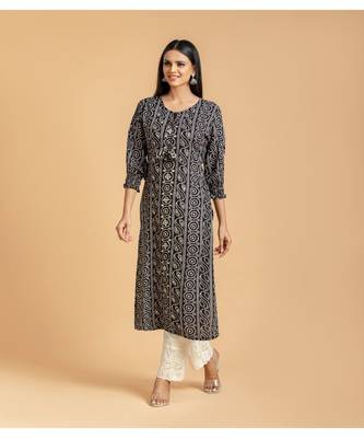 Black printed cotton long-kurtis 1