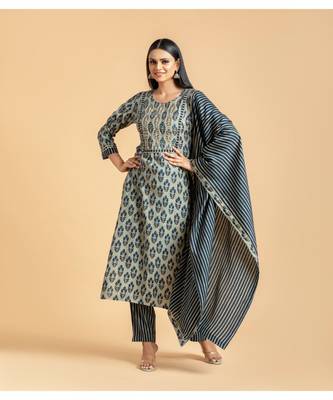 Grey printed cotton kurta-suits 1