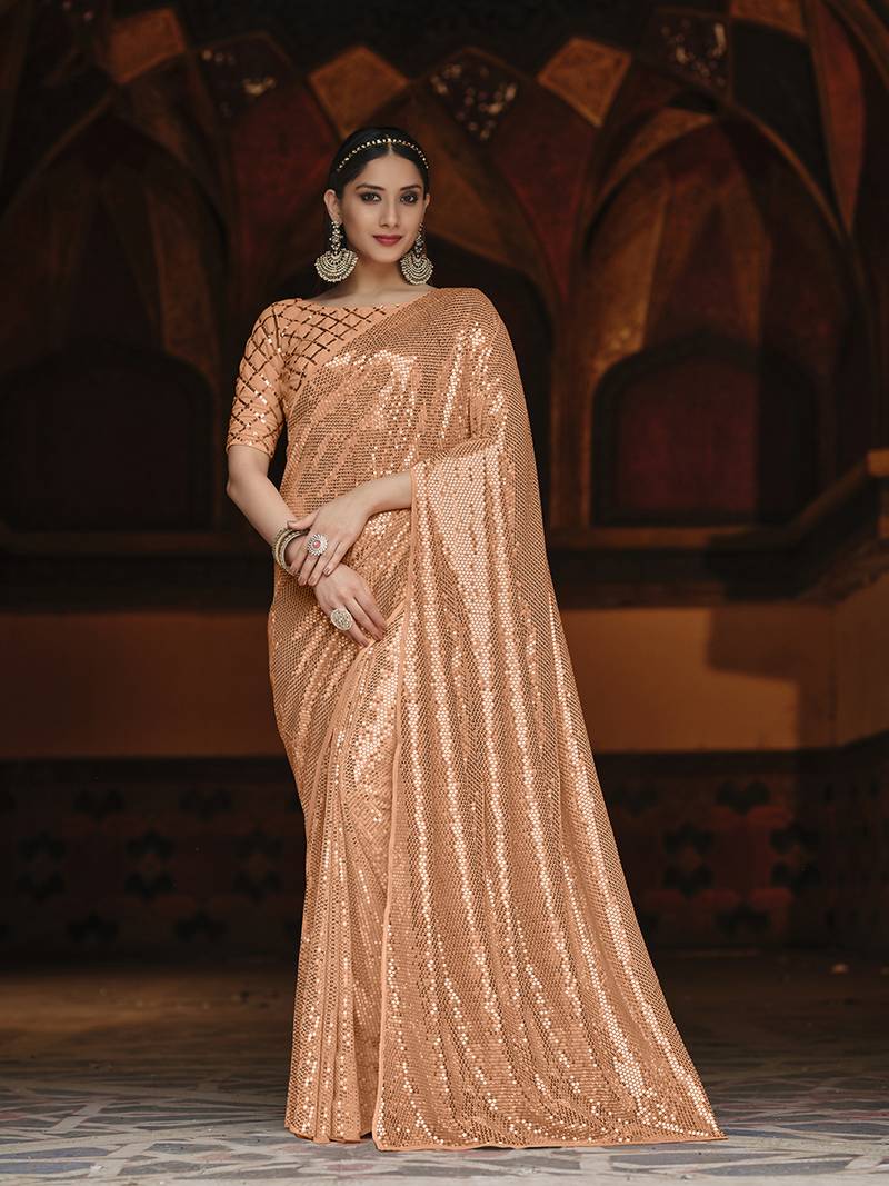 Orange Color Designer Party Wear Georgette Sequence Saree With Un Stitched Blouse