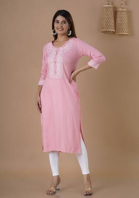 Women's Rayon Solid Print Ethnic A-Line Kurti With Heavy Embroidered Work on Yolk 1