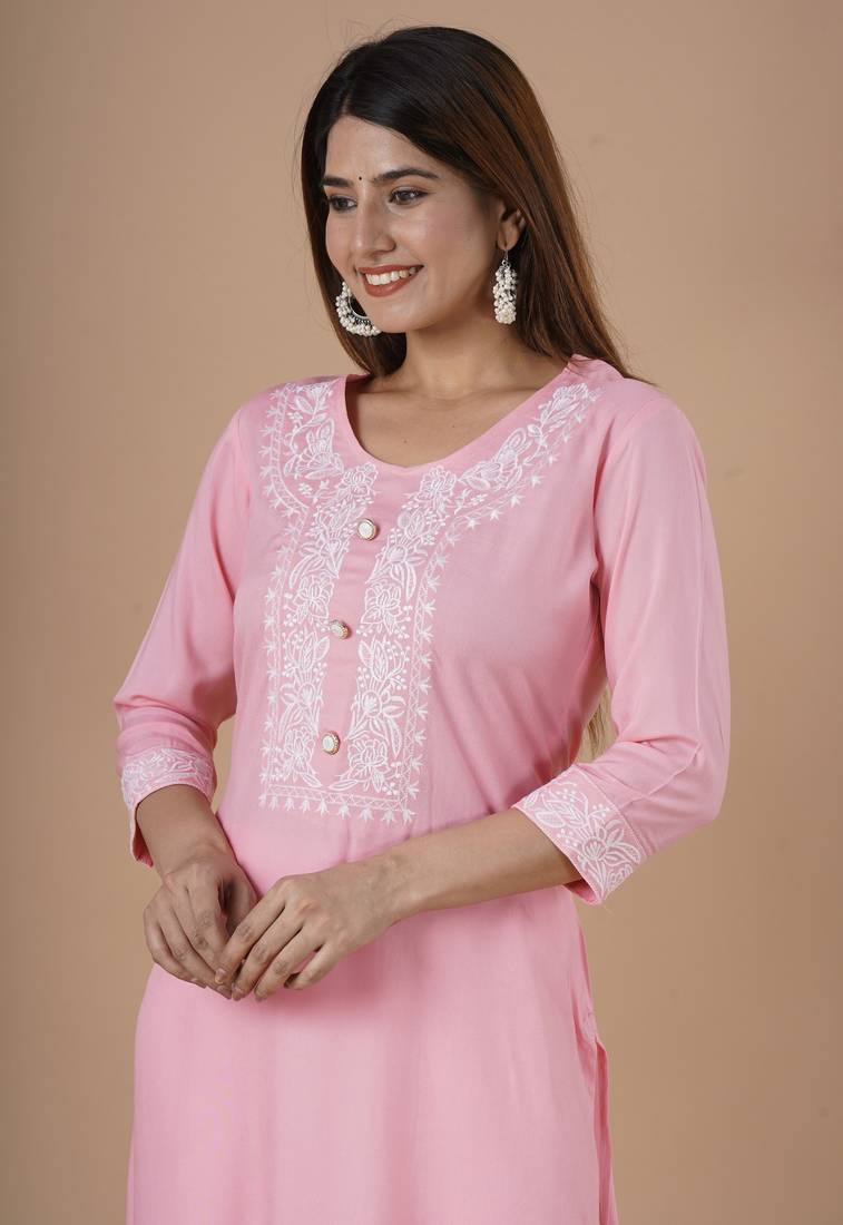 Women's Rayon Solid Print Ethnic A-Line Kurti With Heavy Embroidered Work on Yolk