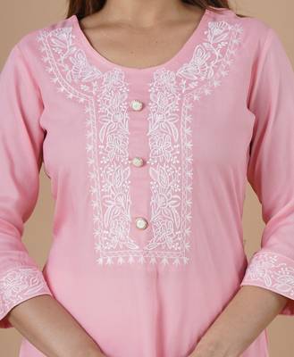 Women's Rayon Solid Print Ethnic A-Line Kurti With Heavy Embroidered Work on Yolk 3