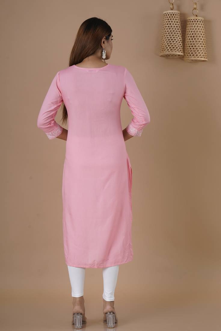 Women's Rayon Solid Print Ethnic A-Line Kurti With Heavy Embroidered Work on Yolk